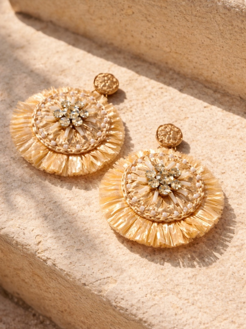 J.Crew Raffia Statement Earrings Natural Gold Boho Resort Summer Lightweight NWT